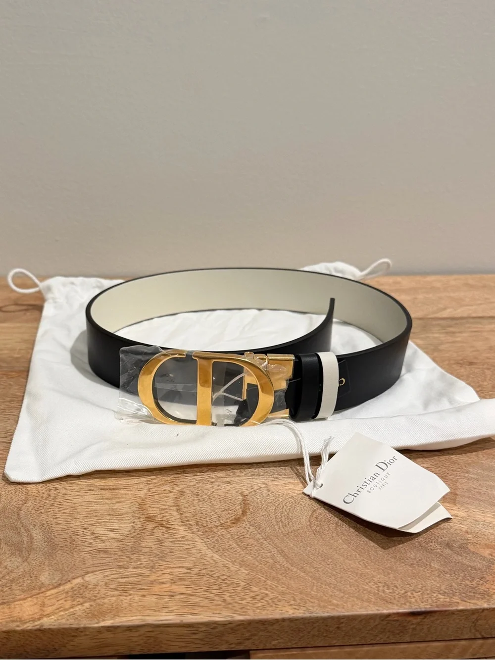 Dior Black Leather Belt with Gold CD Buckle and Cream Reversible Lining